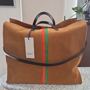 Clare V Tan Suede Simple Tote Orange/Green Racer Stripe And Black Leather Strap